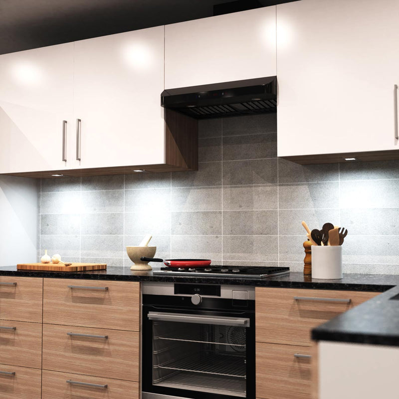 side full shot of a kitchen with cool white cabinet lights