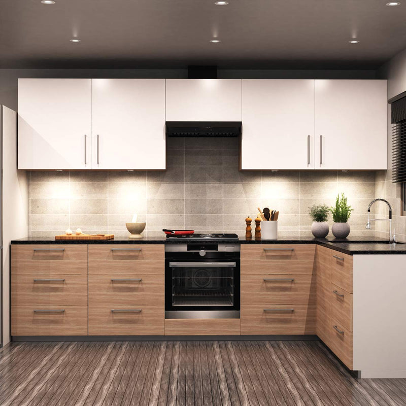 full shot of a kitchen with LED cabinet lights with natural white light