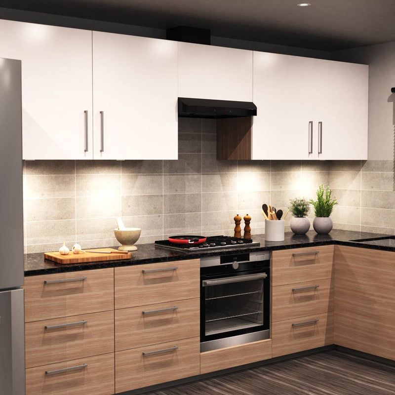 side shot of a kitchen with LED cabinet lights with natural white light