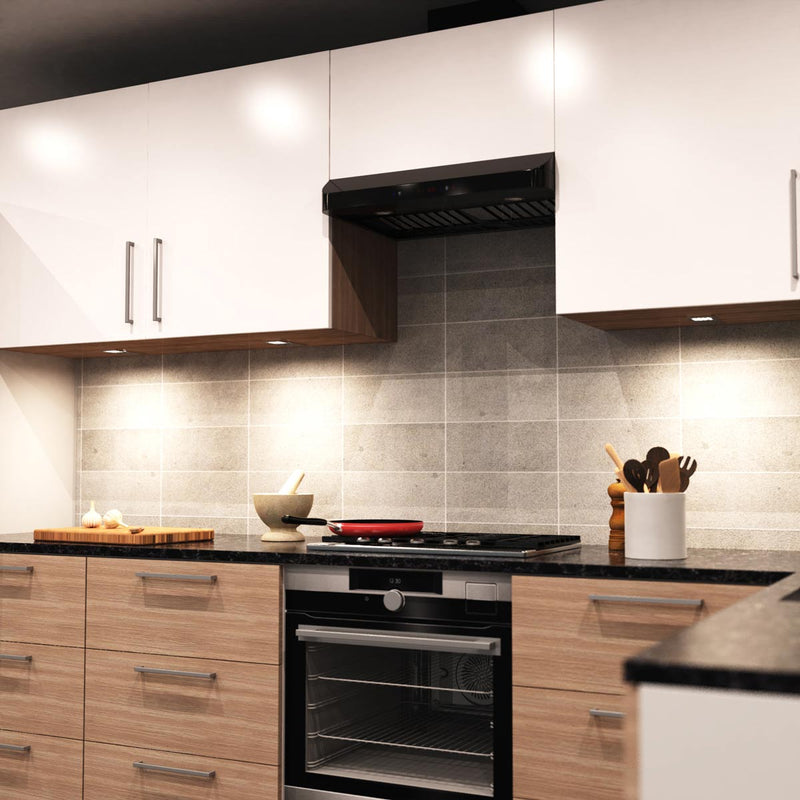 side full shot of a kitchen with LED cabinet lights with natural white light