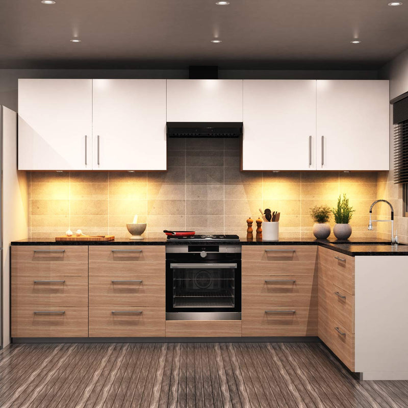 full shot of a kitchen with LED cabinet lights with warm white light