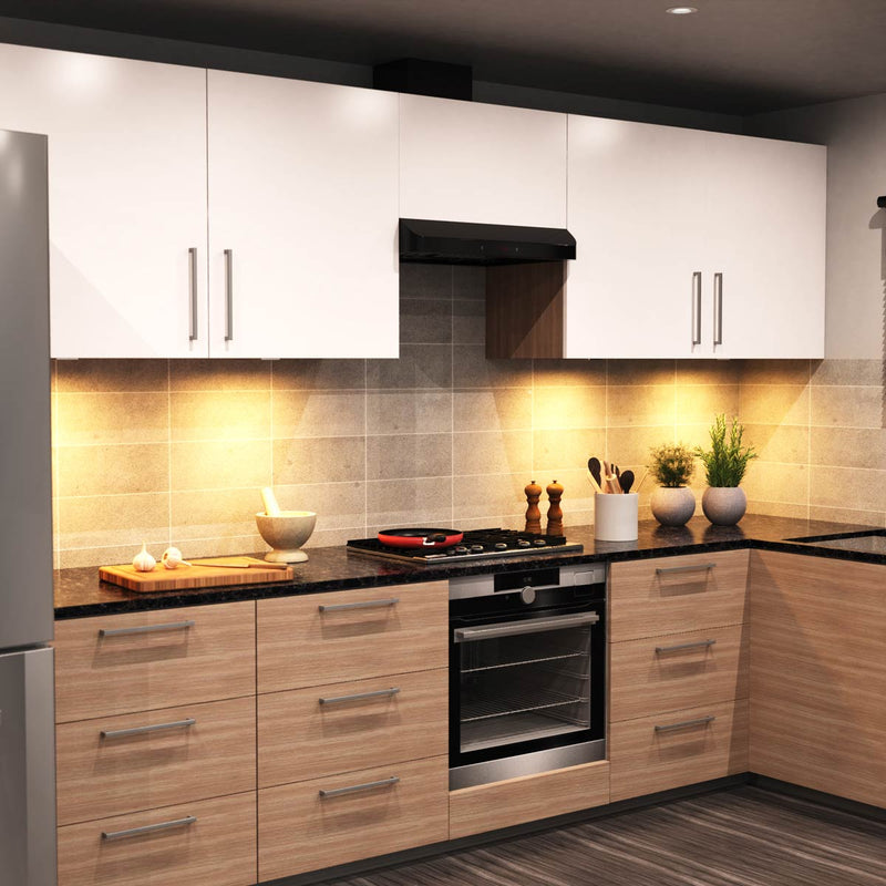 side shot of a kitchen with LED cabinet lights with warm white light