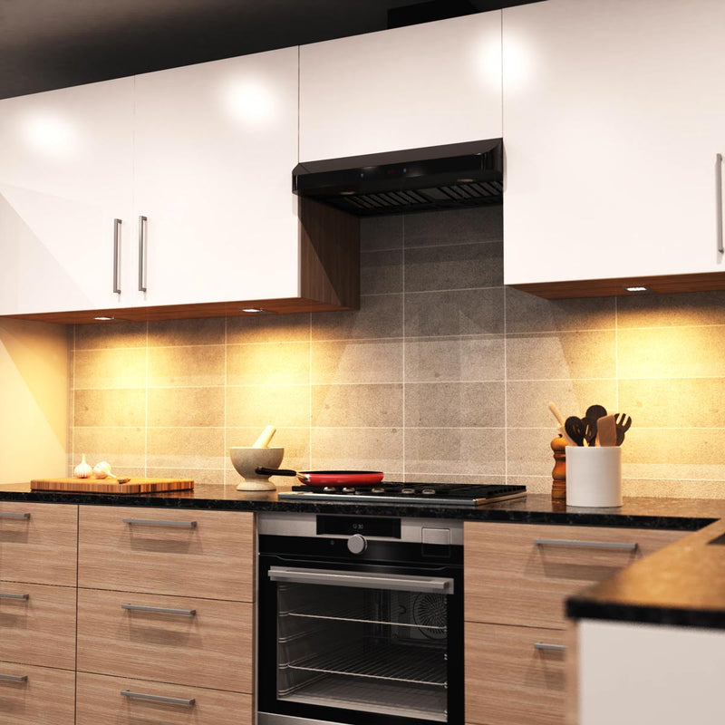 full side shot of a kitchen with LED cabinet lights with warm white light