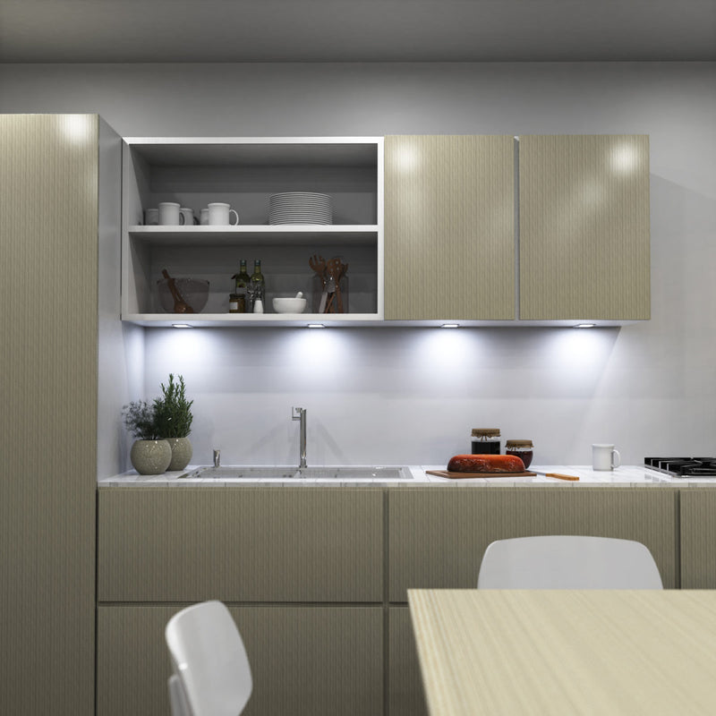 kitchen with mounted matte white CCT LED cabinet lights - cool white light