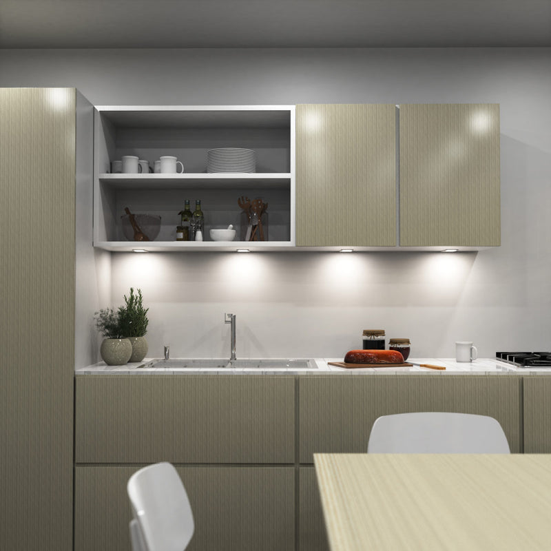 kitchen with mounted matte white CCT LED cabinet lights - natural white light