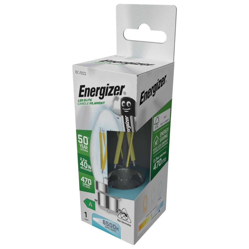 Side of an Energizer, Candle 2.2w LED Bulb, Filament B22, A Rated - 6500K Cool White