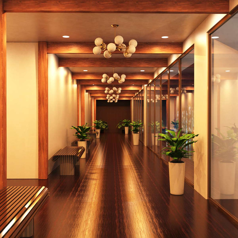 full shot of a hallway with warm white LED panel lights