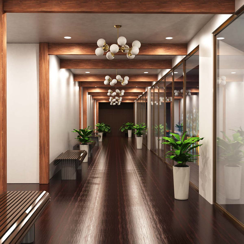 full shot of a hallway with natural white LED panel lights