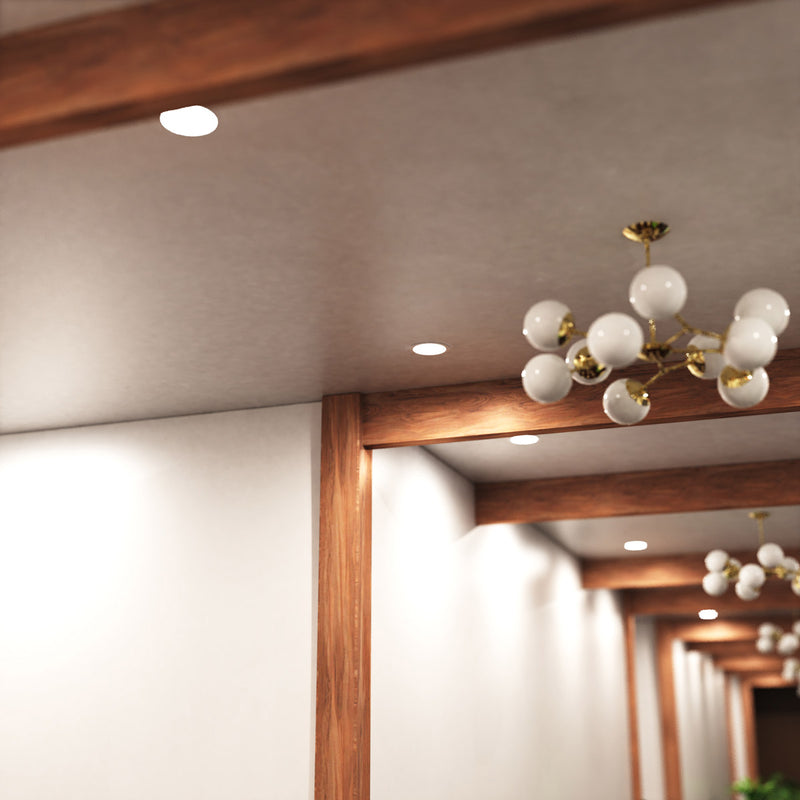 mid shot of a hallway ceiling with natural white LED panel lights