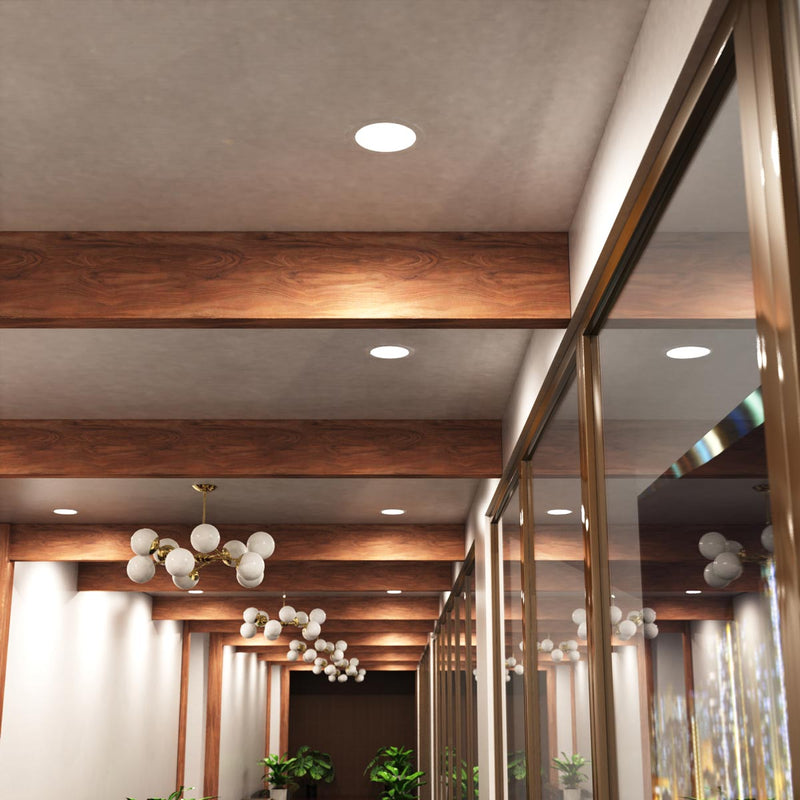 mid shot of a hallway ceiling with natural white LED panel lights
