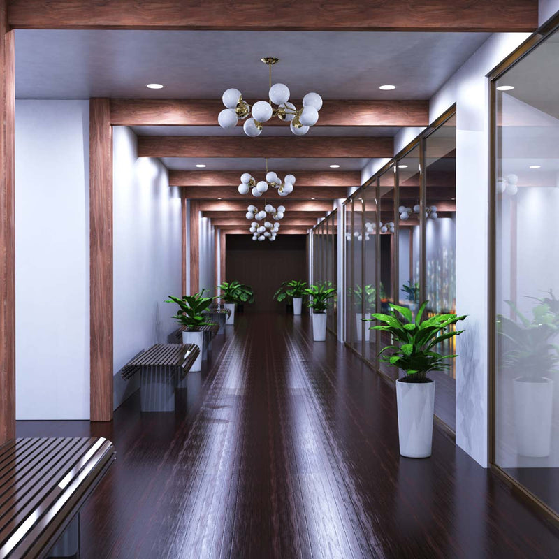 full shot of a hallway with cool white LED panel lights