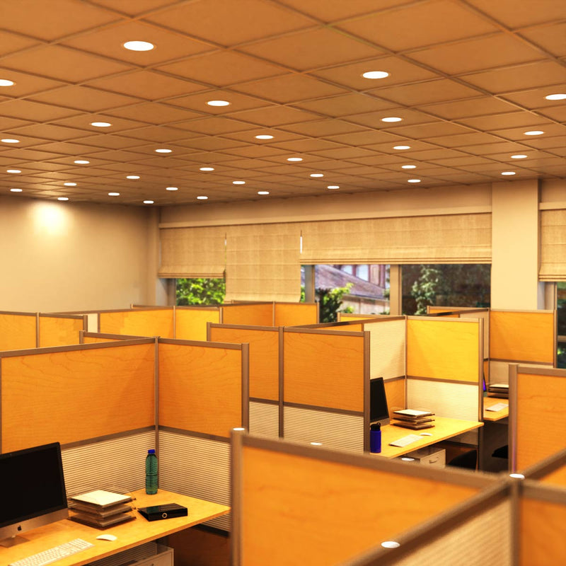 mid shot of an office with warm white LED panel lights