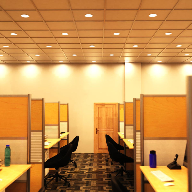 full shot of an office with warm white LED panels