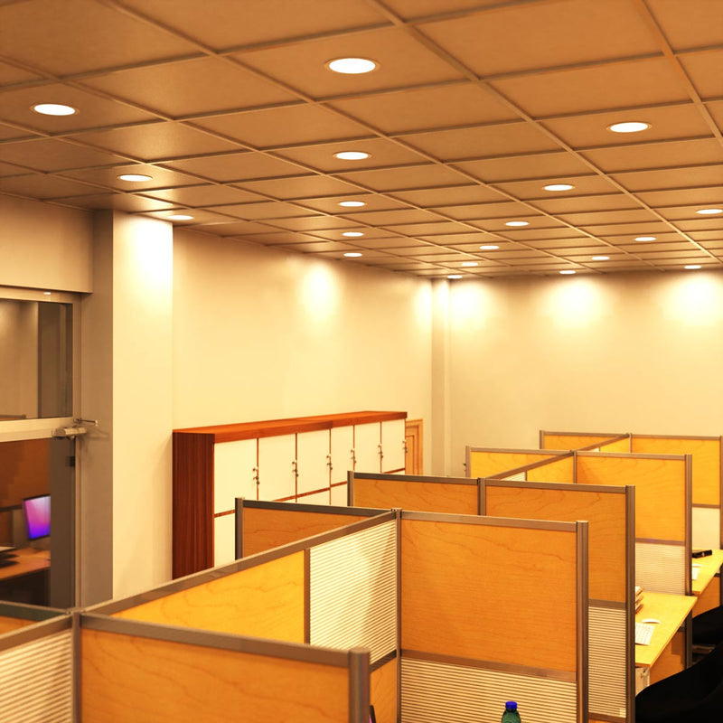 mid shot of an office ceiling  with warm white LED panels