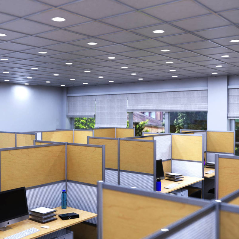 mid shot of an office with cool white LED panel lights