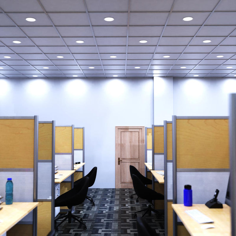 full shot of an office with cool white LED panels