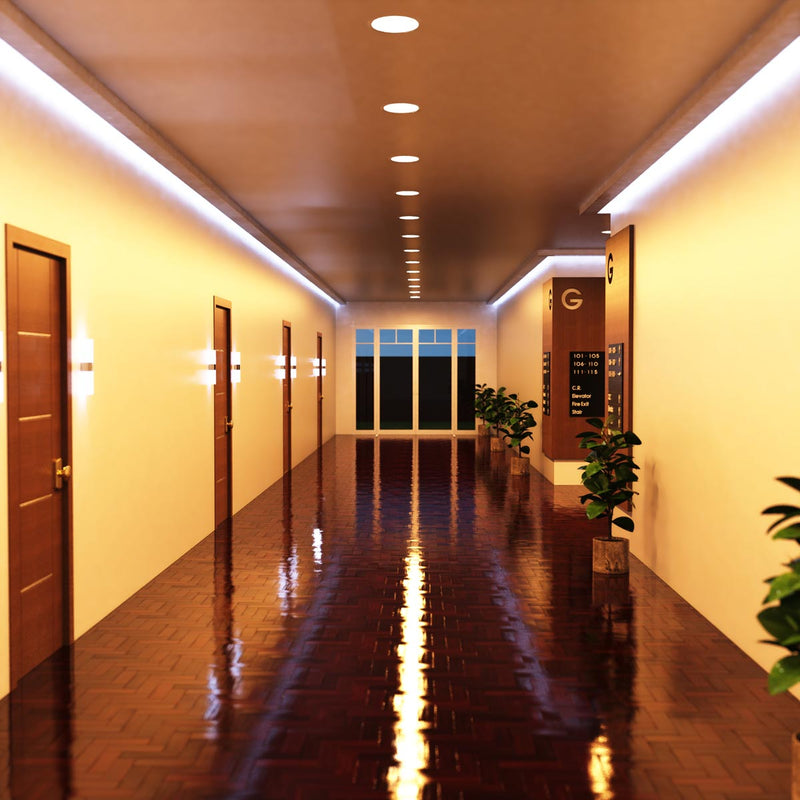 full shot of a hallway with warm white LED panel lights