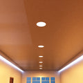 close-up shot of a hallway ceiling with warm white LED panels
