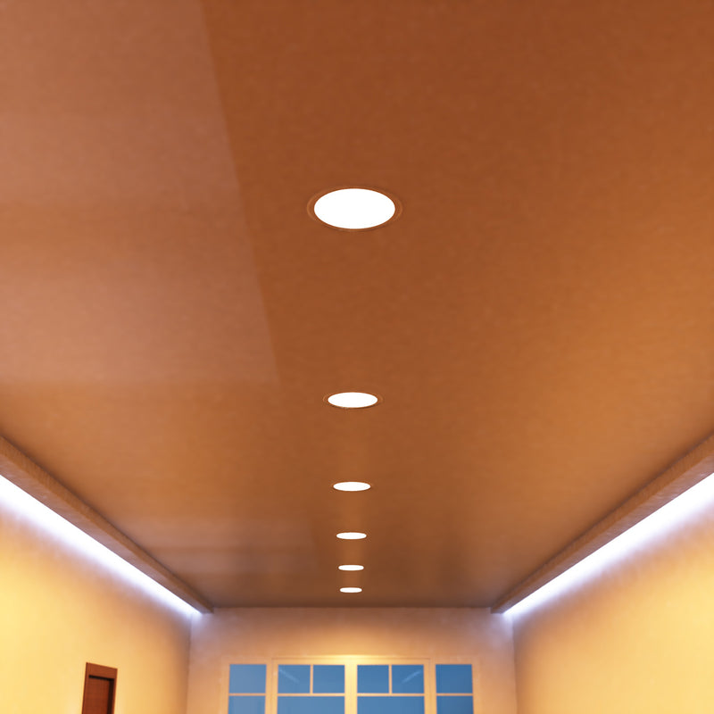 close-up shot of a hallway ceiling with warm white LED panels