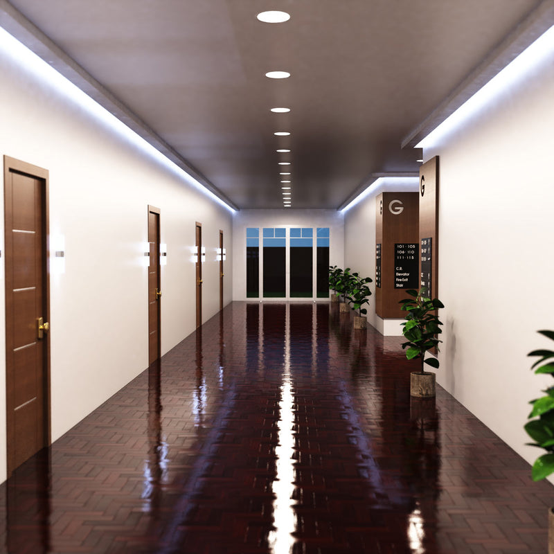 full shot of a hallway with natural white LED panels