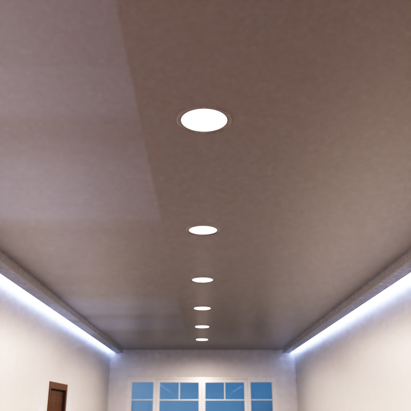 mid shot of a hallway ceiling with natural white LED panel lights