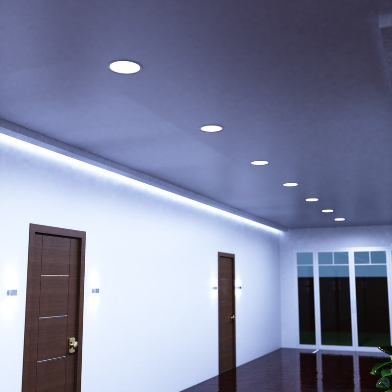 mid shot of a hallway ceiling with cool white LED panels