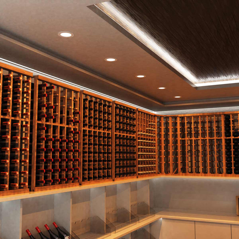 mid shot of a wine cellar with warm white LED panels