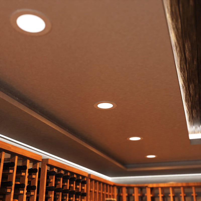 mid shot of a wine cellar ceiling with warm white LED panel lights