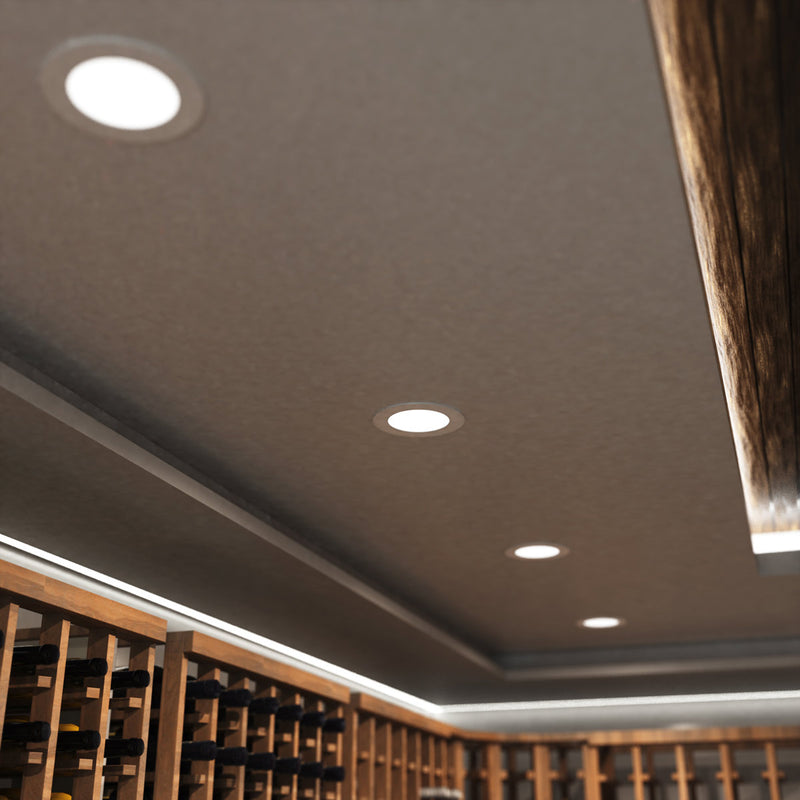 mid shot of a wine cellar ceiling with natural white LED panel lights