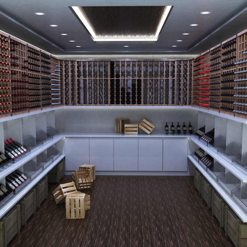 full shot of a wine cellar with cool white LED panel lights