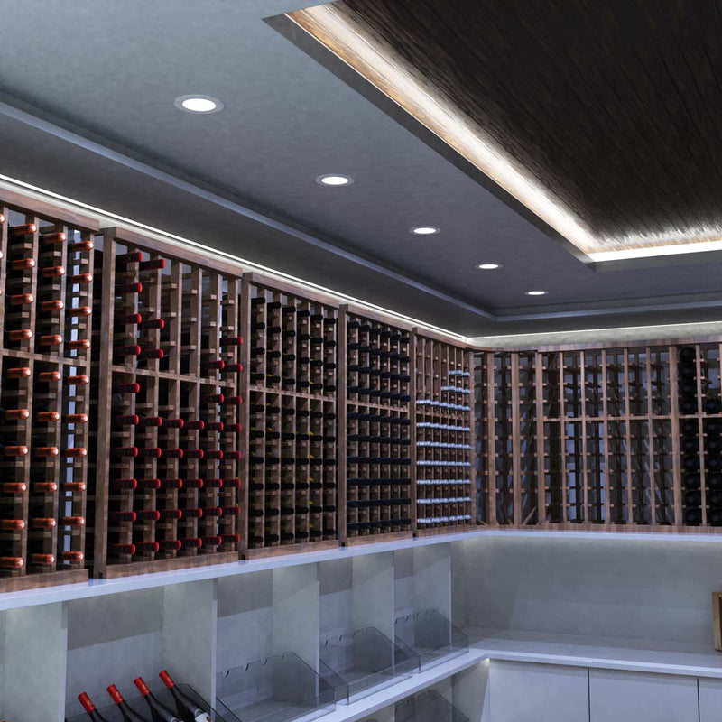 mid shot of a wine cellar with cool white LED panels