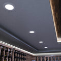 mid shot of a wine cellar ceiling with cool white LED panel lights