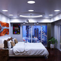 full shot of a bedroom with cool white LED panels