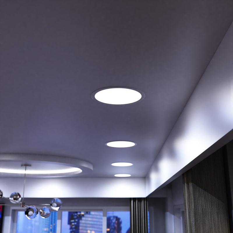mid shot of a bedroom ceiling with cool white LED panels