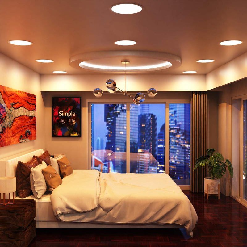 full shot of a bedroom with warm white LED panel lights