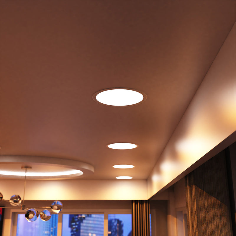 mid shot of a bedroom ceiling with warm white LED panel lights