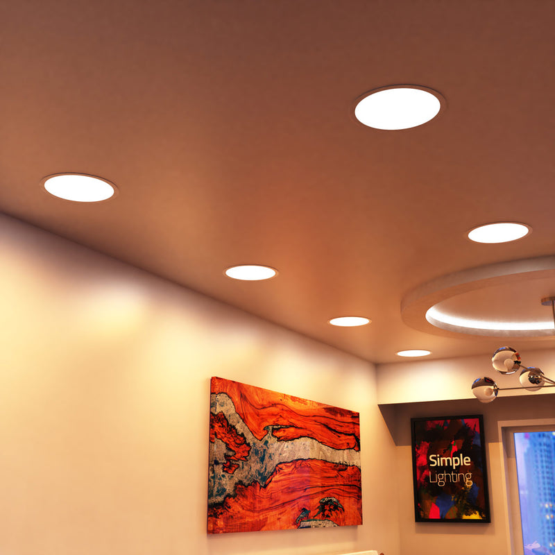 mid shot of a bedroom ceiling with warm white LED panel lights