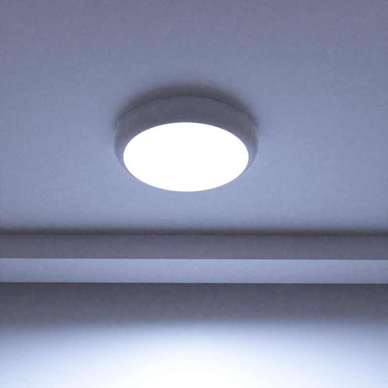 Close-up shot of a mounted LED polo bulkhead light with microwave sensor and cool white light