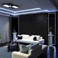 living room with cool white light