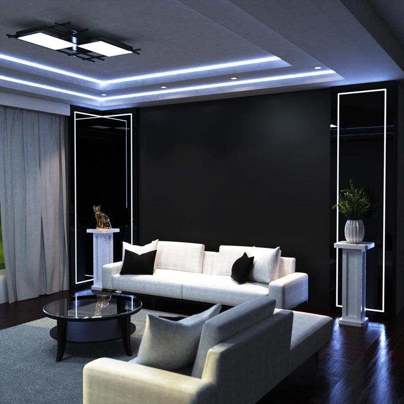 living room with cool white light