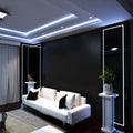 side angle of a living room with cool white light