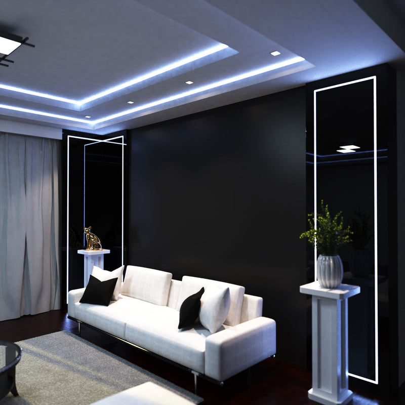 side angle of a living room with cool white light