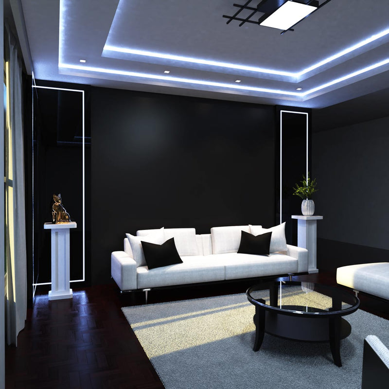 living room with cool white light