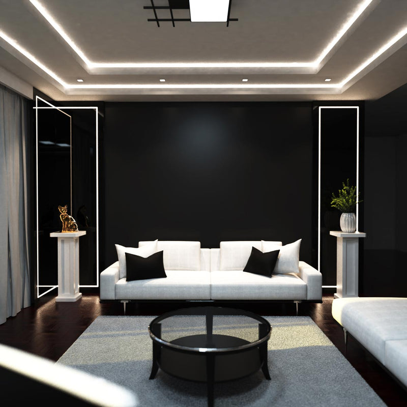 living room with natural white strips