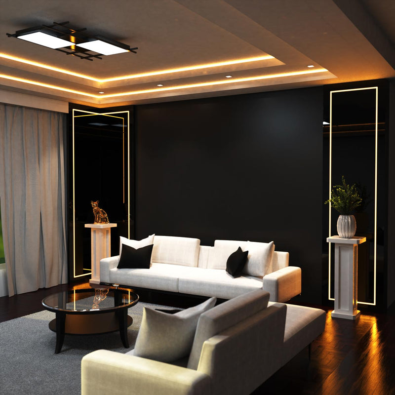 side of a living room with warm white light