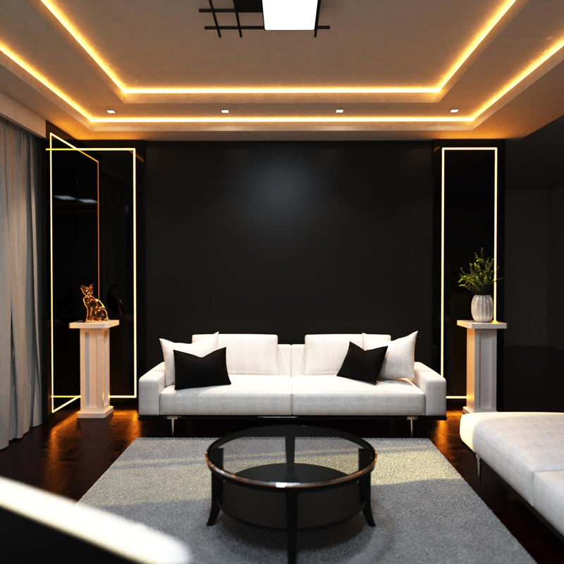 full shot of a living room with warm white light