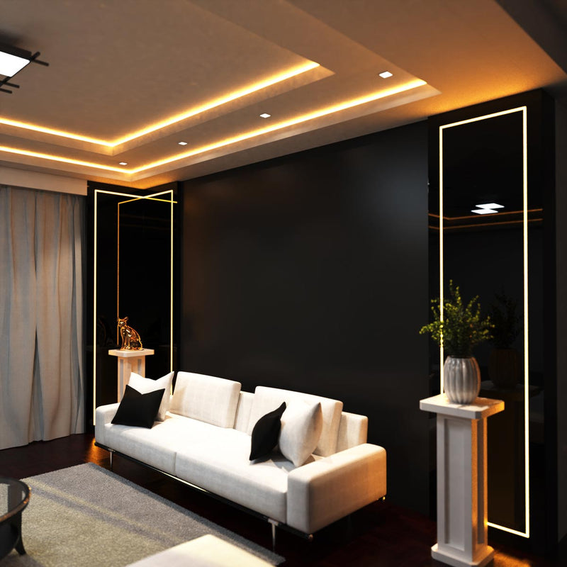 side of a  living room with warm white light
