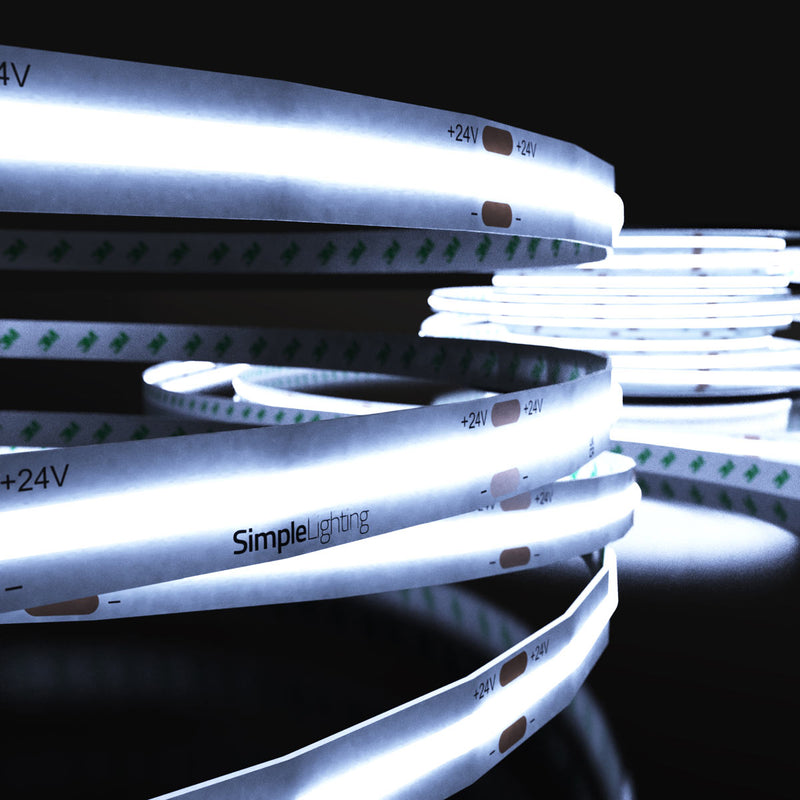 close up of a cob strip light with cool white light