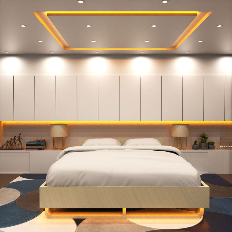 full shot of a bedroom with amber COB LED strips