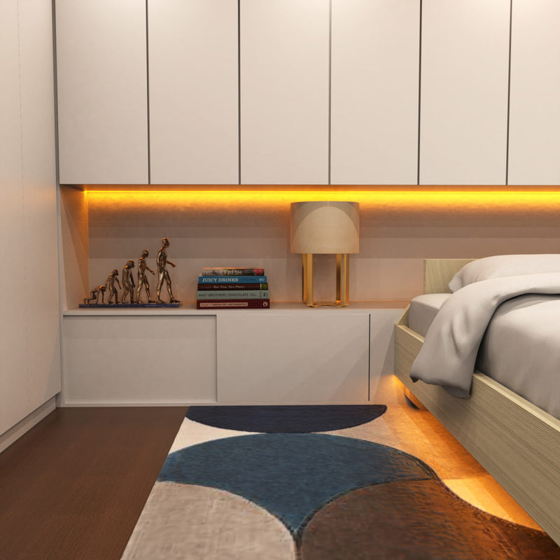close up of a shelf with amber COB LED strip